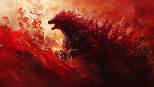 Kaiju silhouette emerges through dense red abstract flames