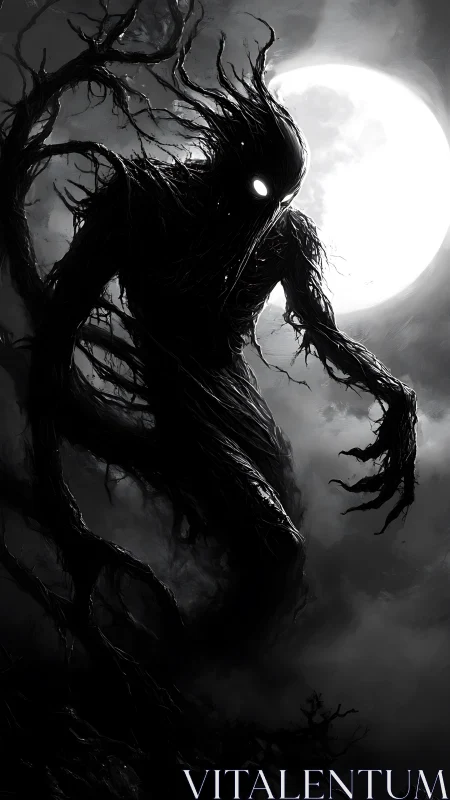 Nocturnal shadow entity obscures full moon in dynamic silhouette