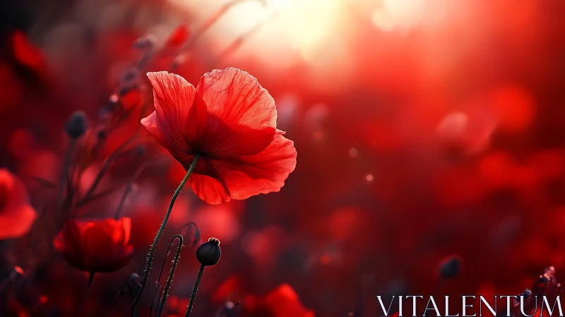 Red Poppy Bloom in Golden Light. Backlit Flower.