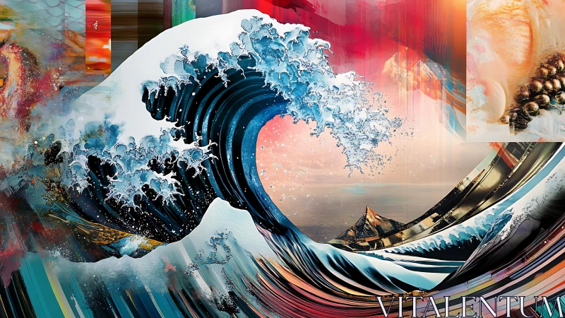 Neon tides collide with prism skies in a reimagined great wave.