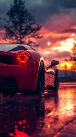 Red supercar taillights burn through neon sunset rain