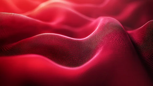 Red micro-mesh surface forms undulating wave topology under soft light