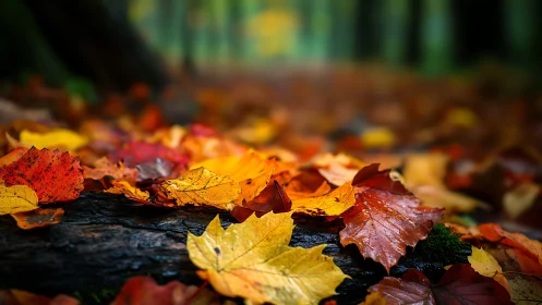 Selective-focus autumn foliage on mossy log displays rich bokeh field