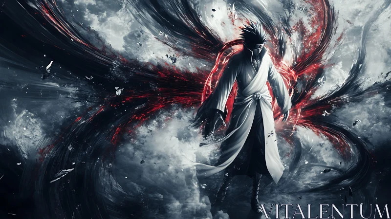 Dark-robed figure stands amid swirling red and gray energy