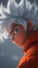 Silver‑haired anime warrior glares back in moody side light