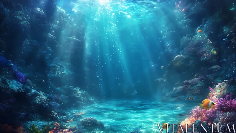 Submerged coral reef basin with filtered overhead sunlight.