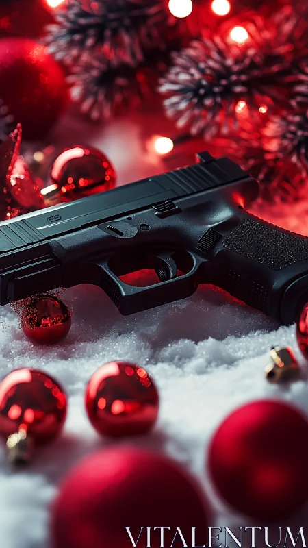 Black handgun on snow among red Christmas decorations.