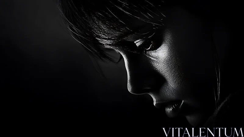 Dramatic black and white portrait of a sad woman in shadowed light.