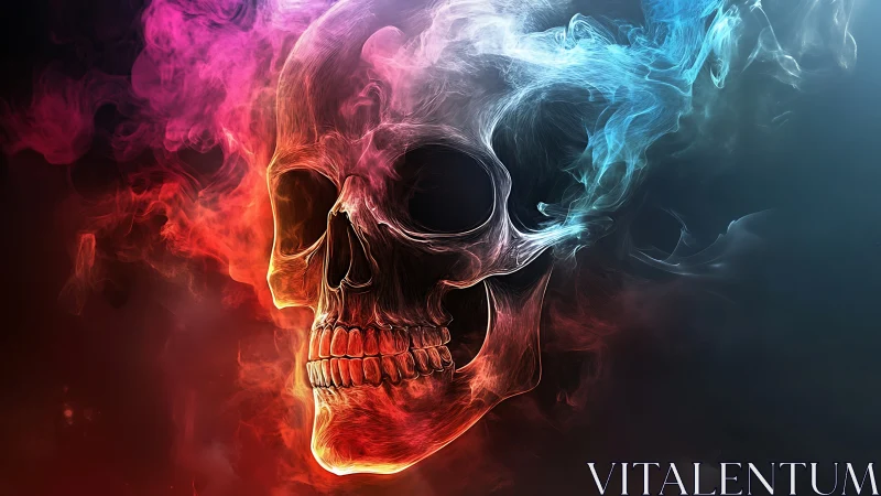 Luminous fiery skull merges with swirling neon smoke plumes