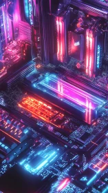 Neon lit motherboard with glowing circuitry and heat sinks.