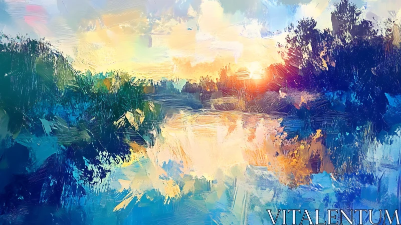 Brushstrokes serenade a river sunset into liquid color