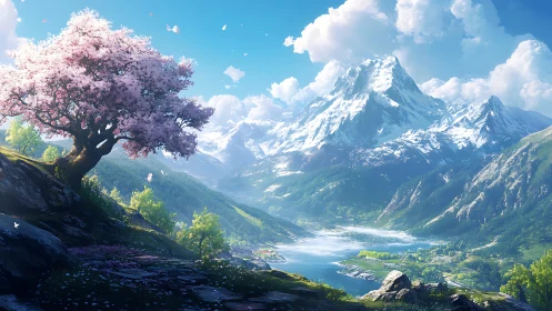 Mountain lake valley with foreground blossom tree at left.