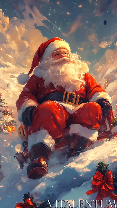 Santa in dynamic low-angle snowfall with saturated festive palette