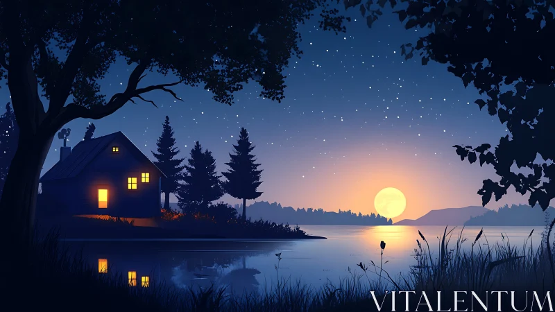 Moonlit lakeside cabin glowing under a star-sprinkled sky.