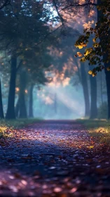 Forested pathway demonstrating atmospheric light penetration and depth perspective.