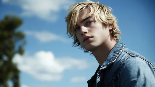 Brooding blonde youth under open blue sky in denim jacket.