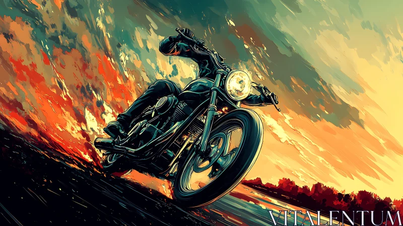 Sunset highway roar with a lone rider in vivid motion.