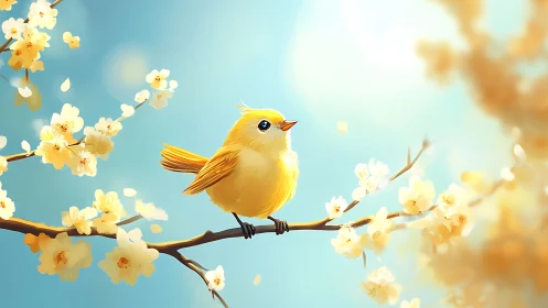 Yellow bird perched on branch with white flowering blossoms against blue sky