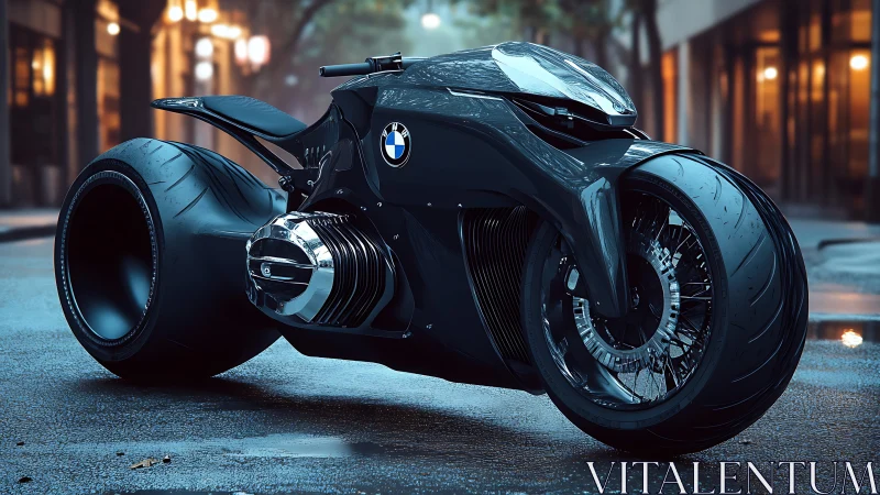 BMW-branded futuristic concept motorcycle on wet city street.