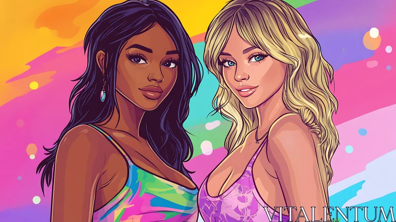 Vibrant dual portrait of two women in neon chromatic palette.