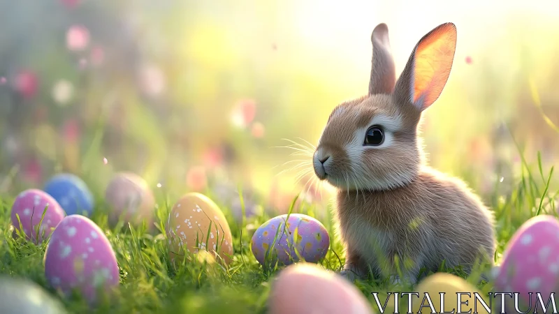 Spring meadow rabbit amid softly glowing Easter eggs.