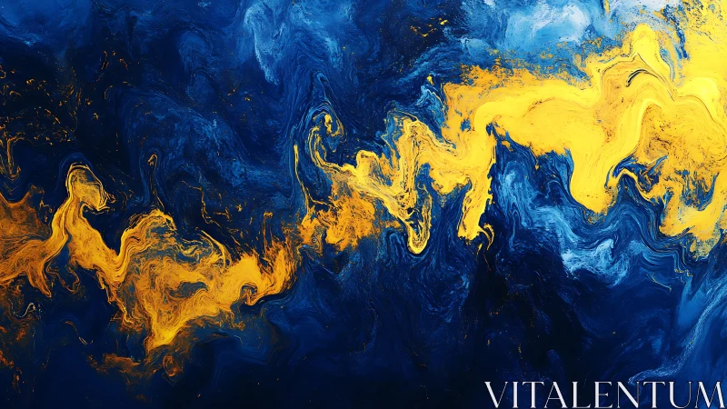 Vibrant yellow flow cutting across deep blue abstract field.
