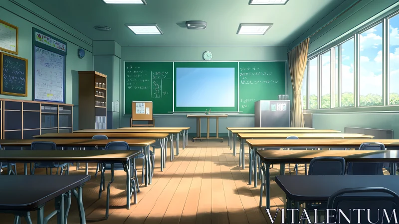 Sunlit empty anime classroom with desks and chalkboard.