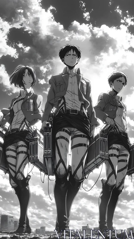 Determined anime soldiers stride forward under a stormy sky