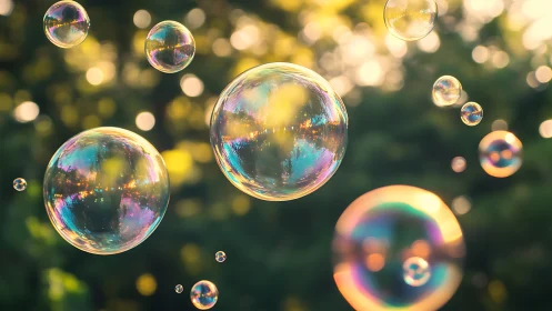 Iridescent soap bubbles with shallow depth of field and bokeh lighting
