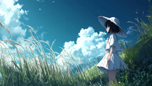 Girl in white dress and hat in tall grass under blue sky.
