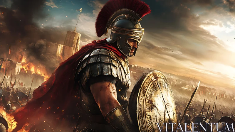 Roman legionnaire in burning siege environment, cinematic lighting.
