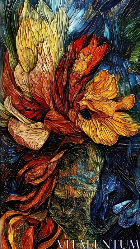 Impasto floral abstraction with swirling chromatic petal masses.