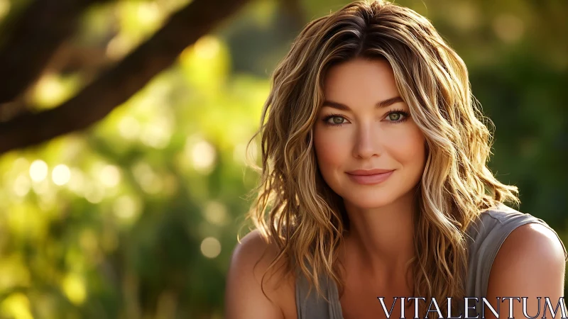 Sunlit portrait of smiling woman in soft garden bokeh.