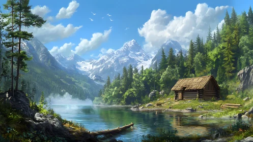 Remote wooden cabin beside alpine lake and forested peaks.