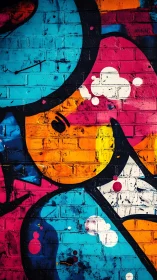 High-saturation geometric graffiti overlays weathered brick wall