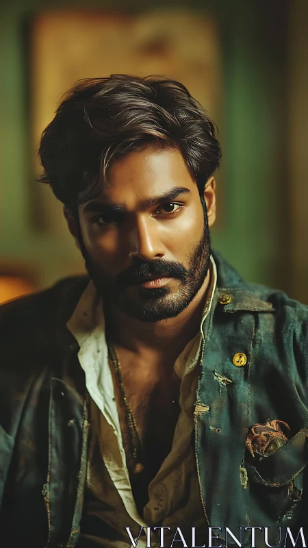 Brooding man in worn jacket stares intensely through warm light