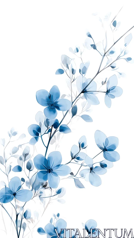 Blue floral branch with translucent petals on white background.