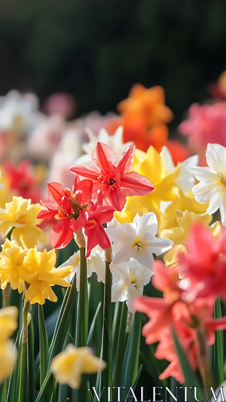 Multicolored daffodil garden in bright daylight.
