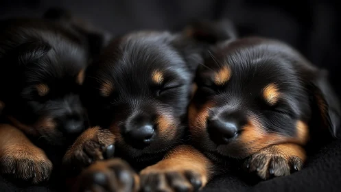 Trio of sleeping puppies in intimate low key closeup.