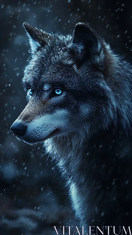 Wolf with bright blue eyes stands in falling winter snow