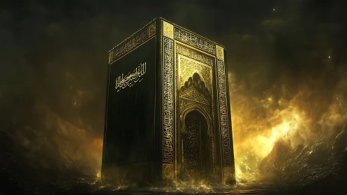 Luminous golden Kaaba rising from a swirling cosmic dusk.
