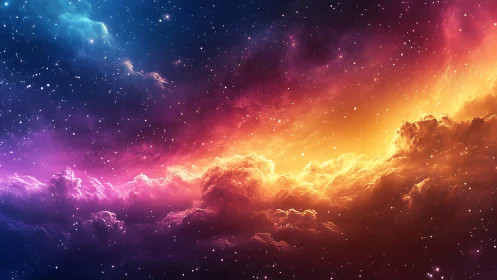 Digital nebula skyscape with prismatic chromatic gradient clouds.
