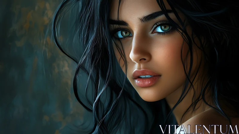 Digital portrait of woman with teal eyes and dark hair.