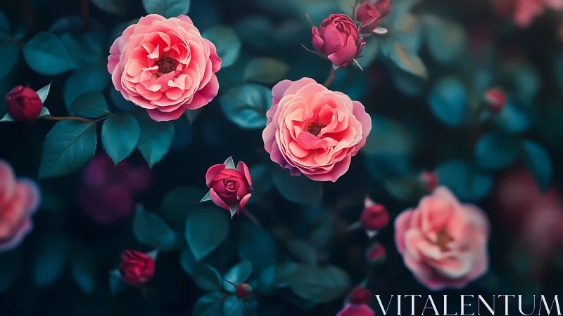 Pink Roses in Deep Moody Teal Garden Atmosphere