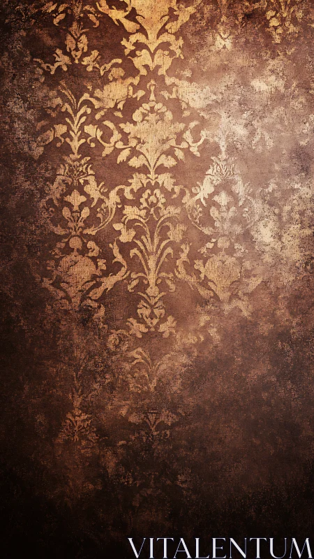 Vintage brown damask wallpaper with worn ornate pattern.