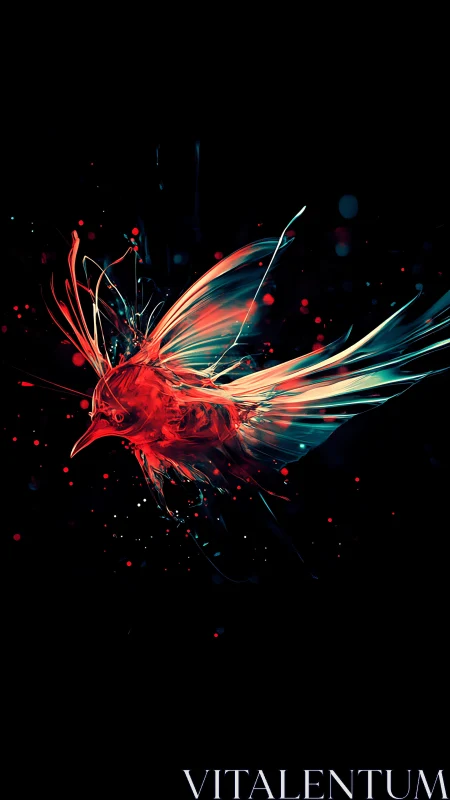 Neon ember bird erupts from darkness in streaming light