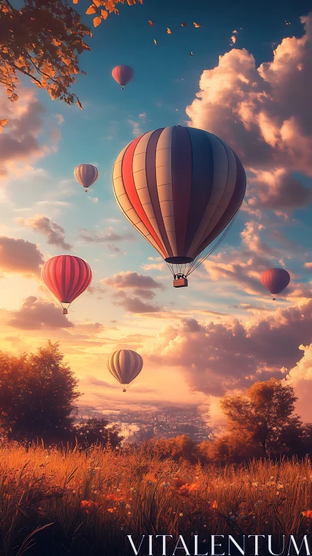 Sunlit hot air balloons over valley at golden hour sky