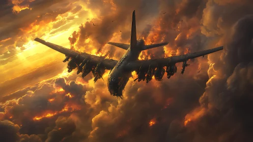 Warplane cuts through burning storm clouds at sunset.