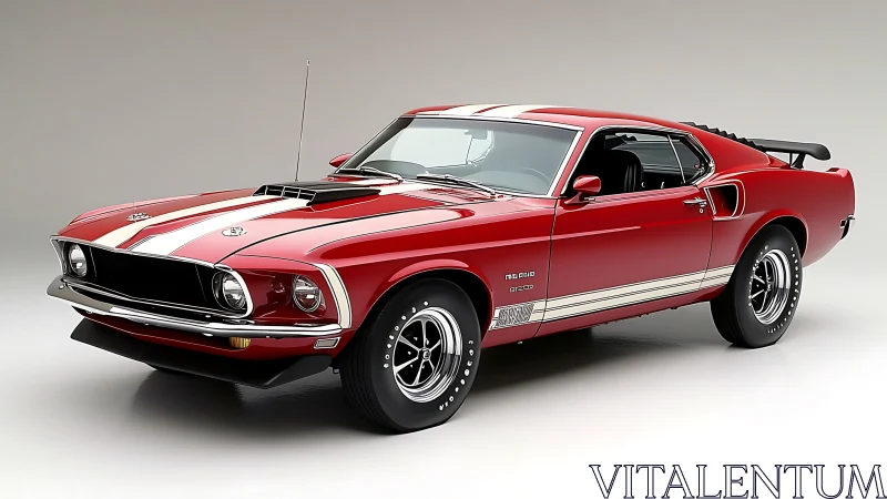 1969 red fastback muscle car with dual stripes and rear spoiler