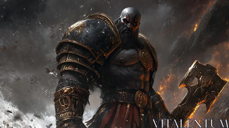 Armored warrior with axe in fiery, smoke-filled landscape.